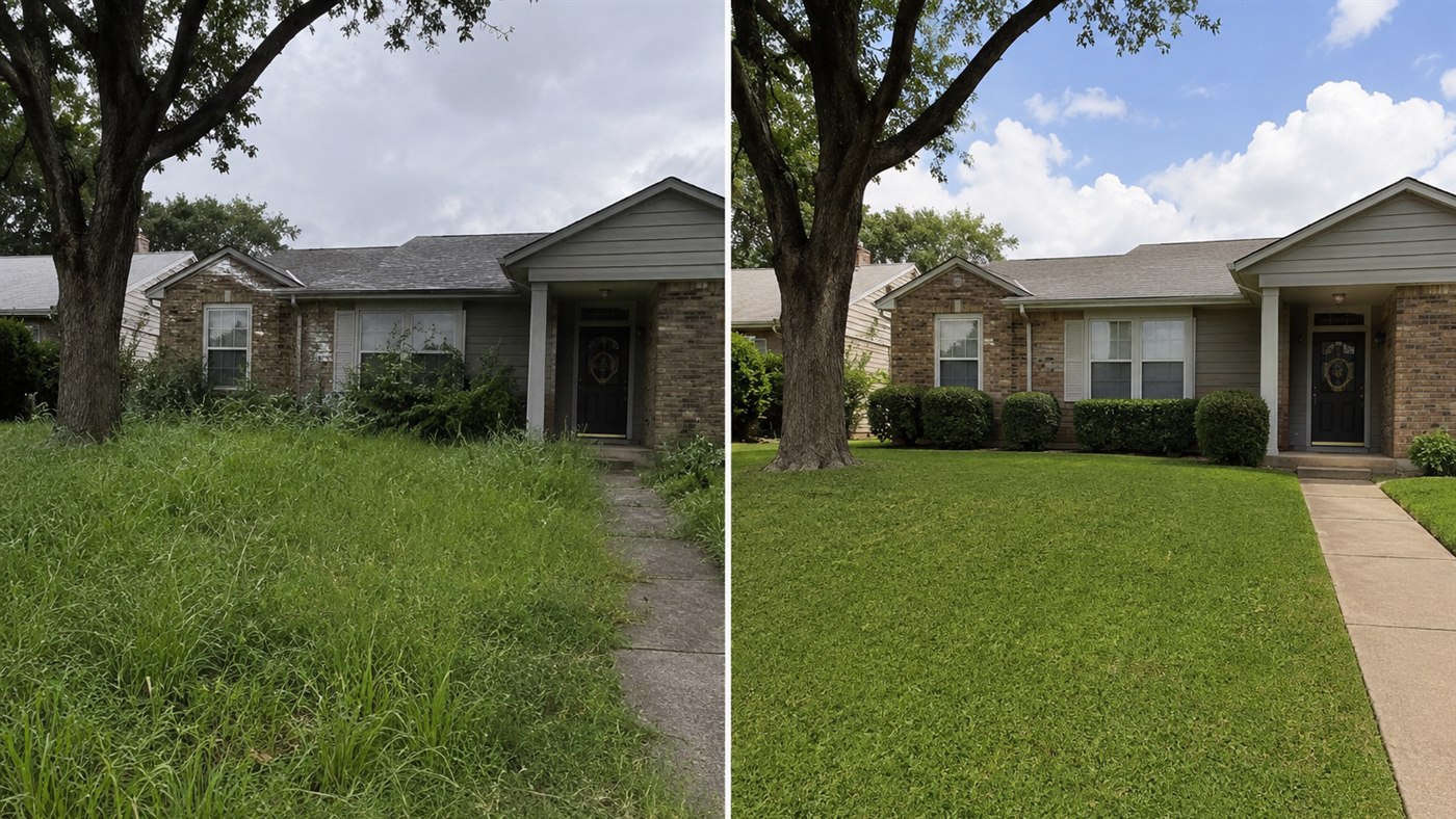 Before and after lawn cleanup result in the Fort Worth area